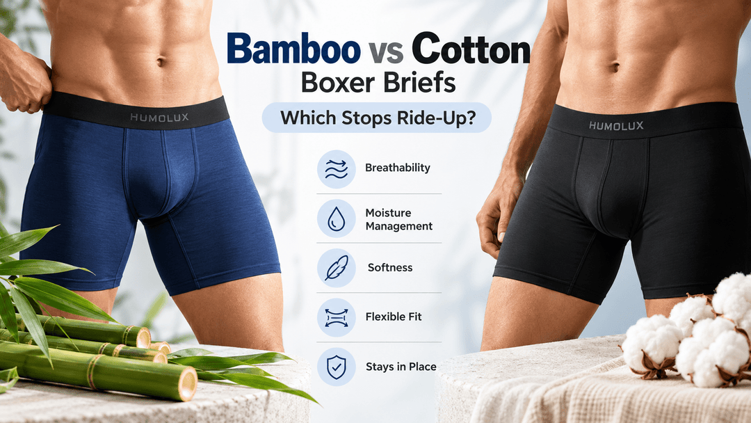 Bamboo vs cotton boxer briefs comparison showing men's underwear, fabric comfort, flexibility, and fit