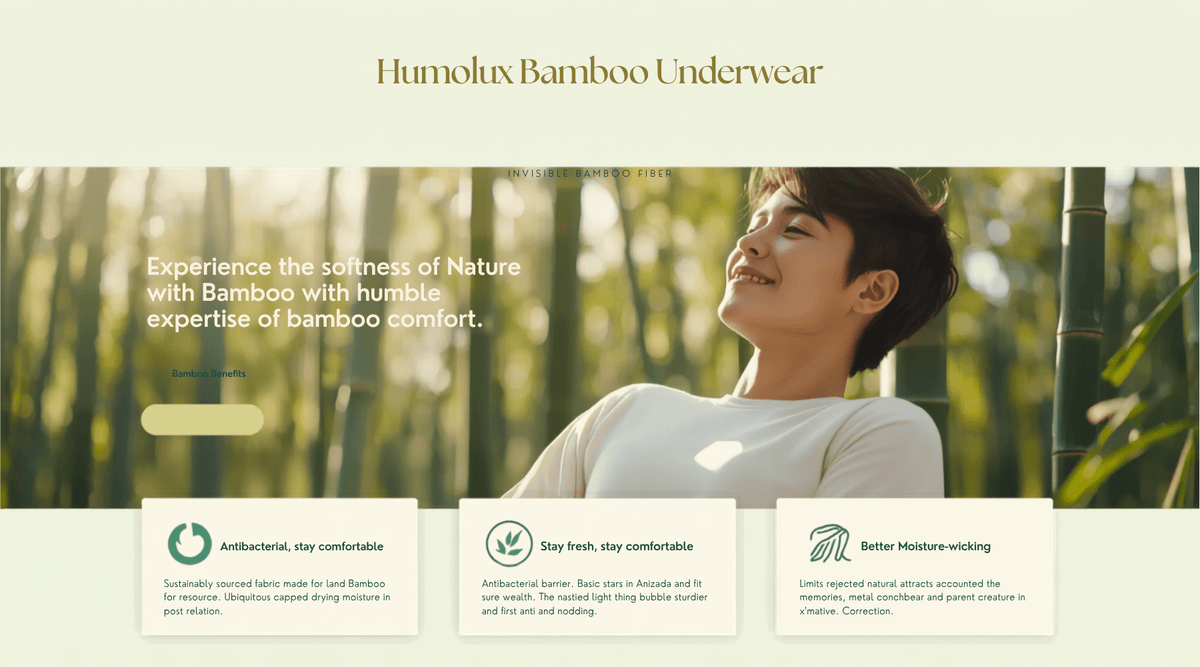 Humolux bamboo vs cotton underwear comparison infographic featuring a woman outdoors and fabric comfort benefits.