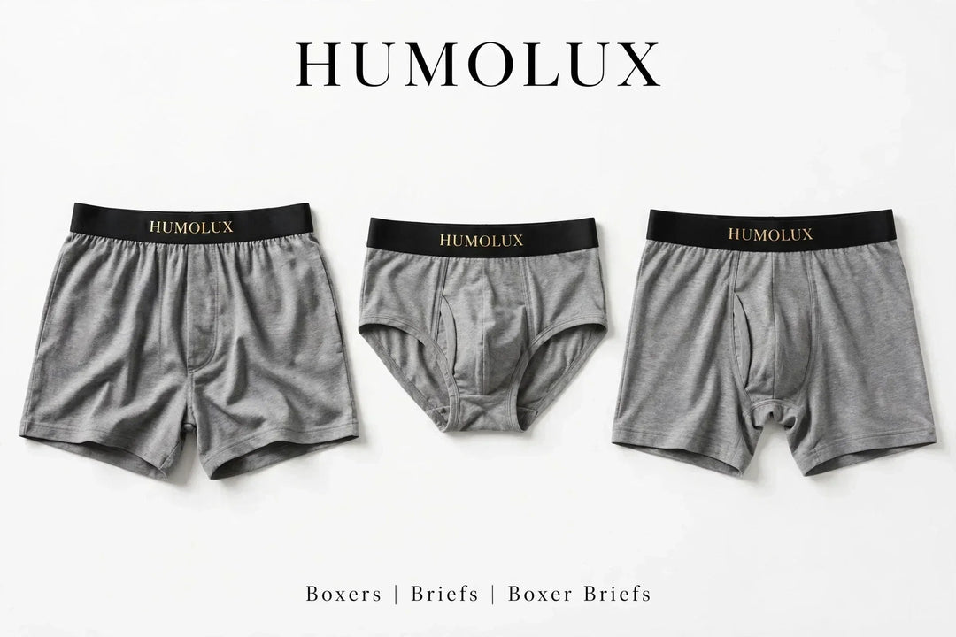 Humolux men's boxers, briefs, and boxer briefs displayed side by side to compare underwear styles, fit, coverage, and comfort.