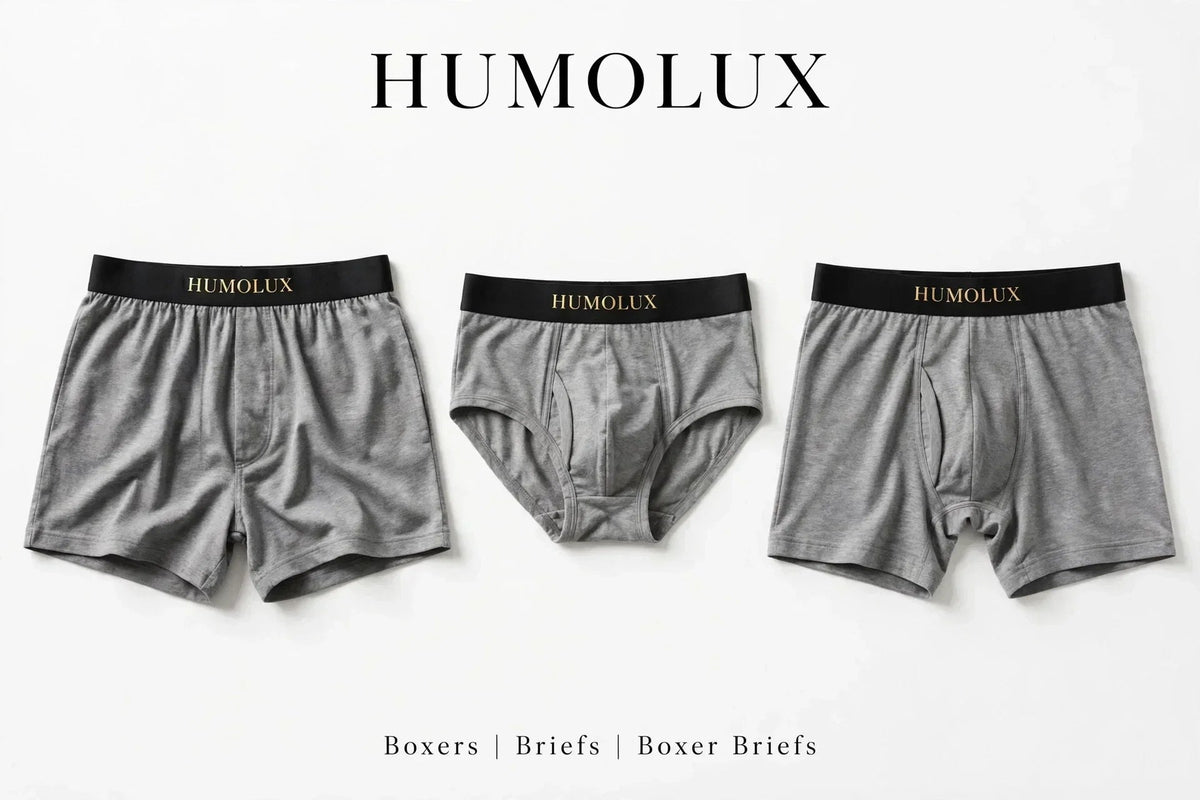 Humolux men's boxers, briefs, and boxer briefs displayed side by side to compare underwear styles, fit, coverage, and comfort.