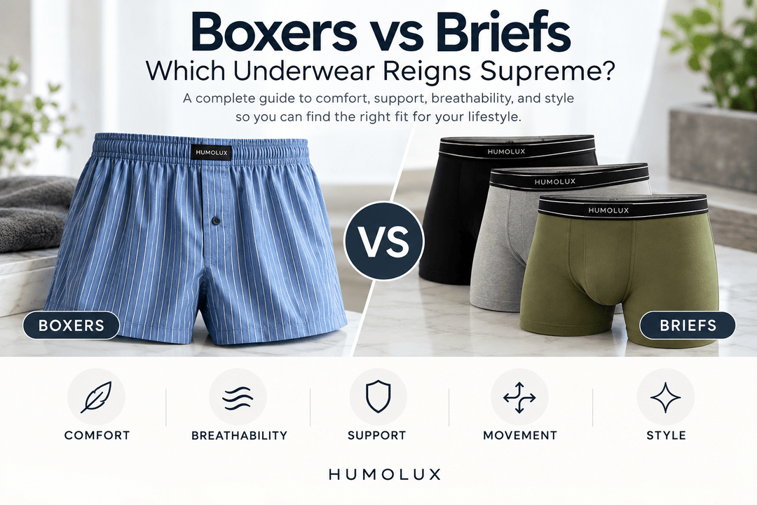 Men's boxers vs briefs comparison showing fit, comfort, support and breathable underwear styles by Humolux