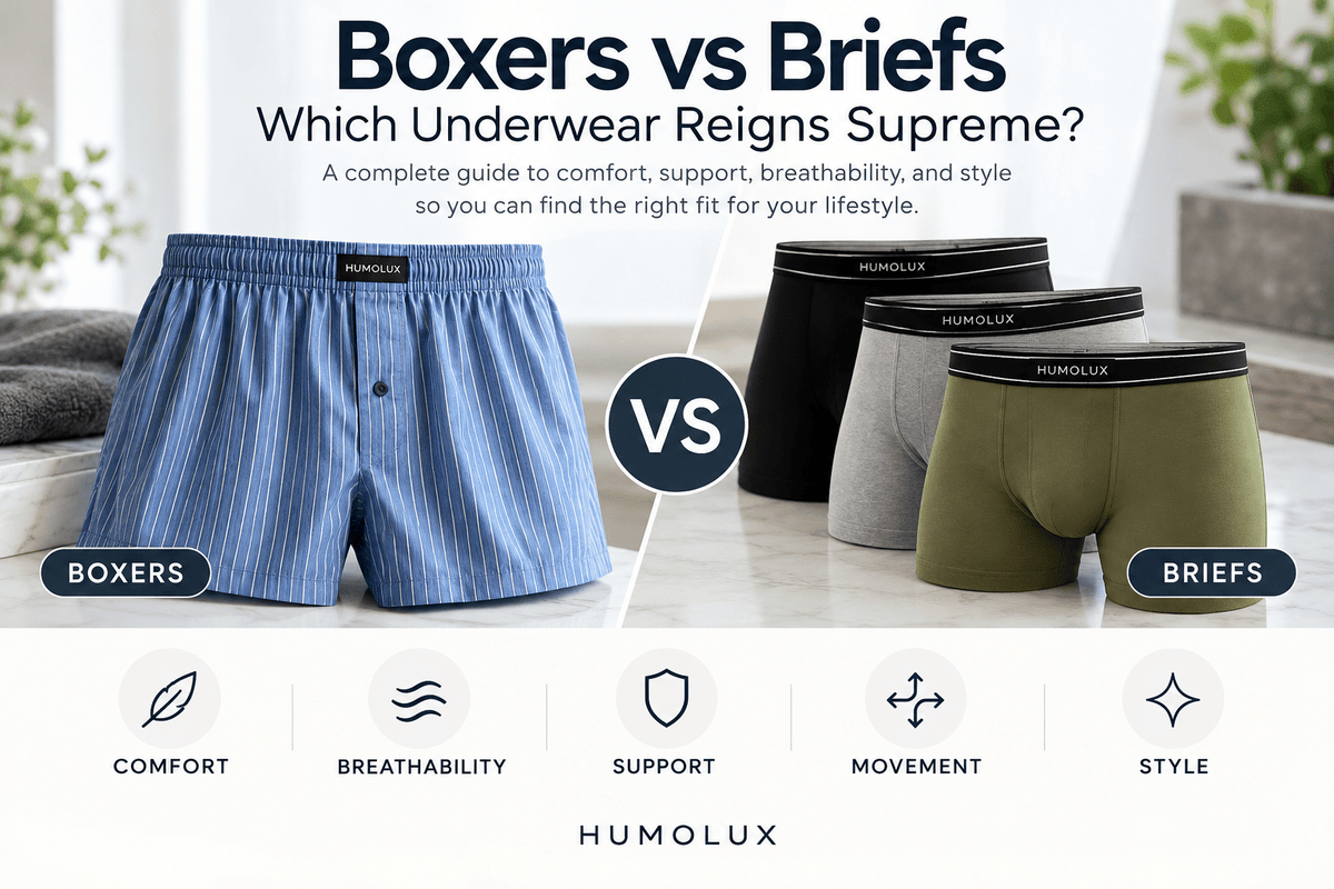 Men's boxers vs briefs comparison showing fit, comfort, support and breathable underwear styles by Humolux