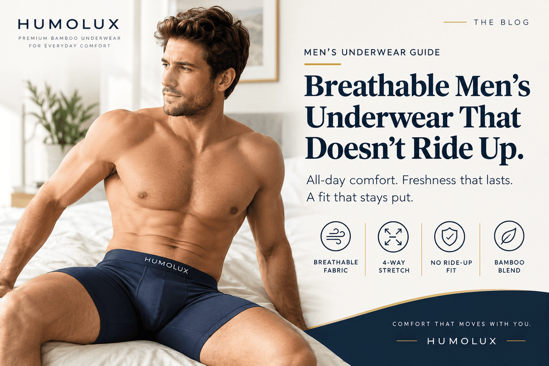 Male model wearing black Humolux boxer briefs beside a guide to breathable men's underwear that doesn't ride up.