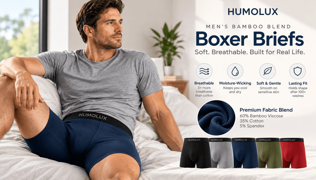 Man wearing navy blue Humolux bamboo-blend boxer briefs while relaxing on a bed, highlighting breathable fabric, soft comfort and everyday support.