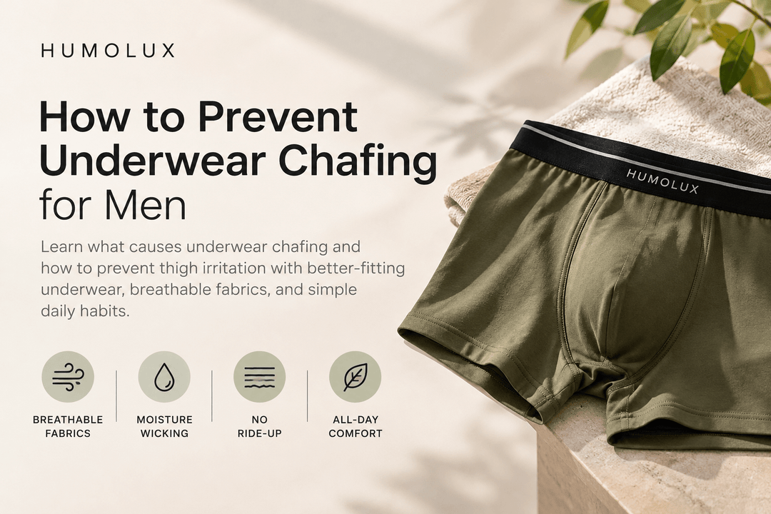 Humolux men's breathable bamboo-blend boxer briefs with tips to prevent underwear chafing, reduce friction, and improve everyday comfort.