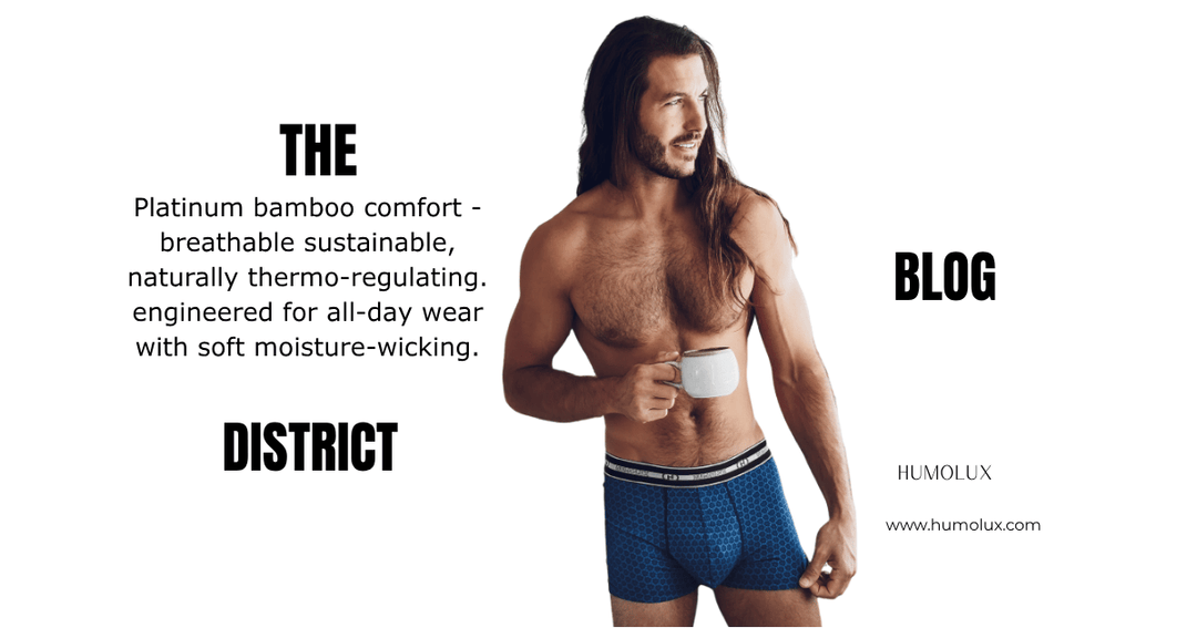 Humolux Platinum men's bamboo boxer briefs featured in a lifestyle blog banner highlighting breathable comfort and premium underwear.