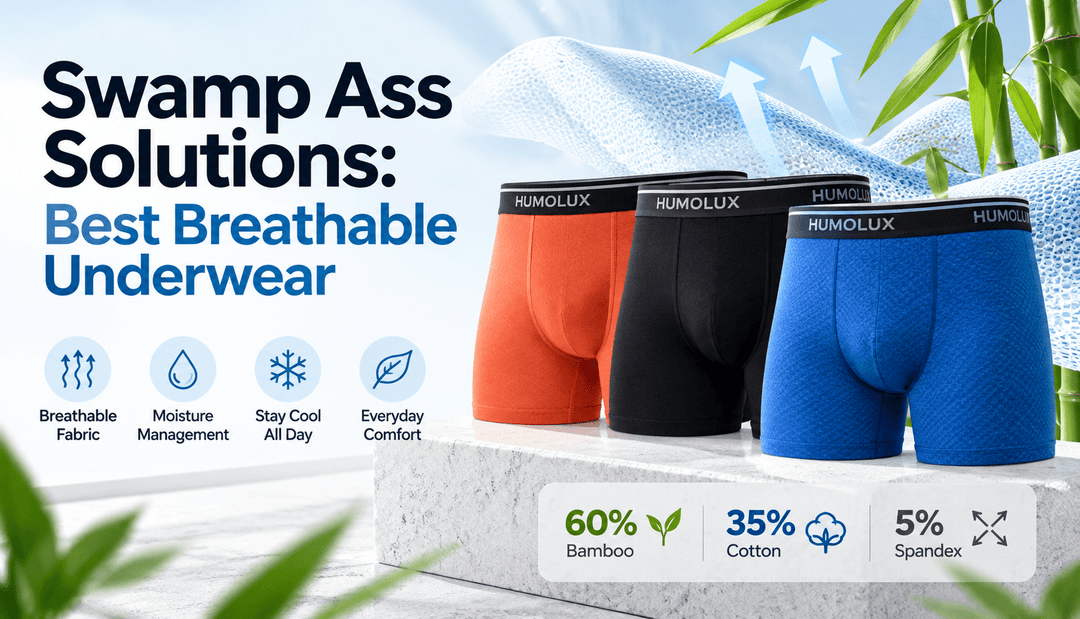 Humolux men's bamboo-blend boxer briefs in orange, black, and blue, featured in a breathable underwear guide for managing sweat and everyday comfort.