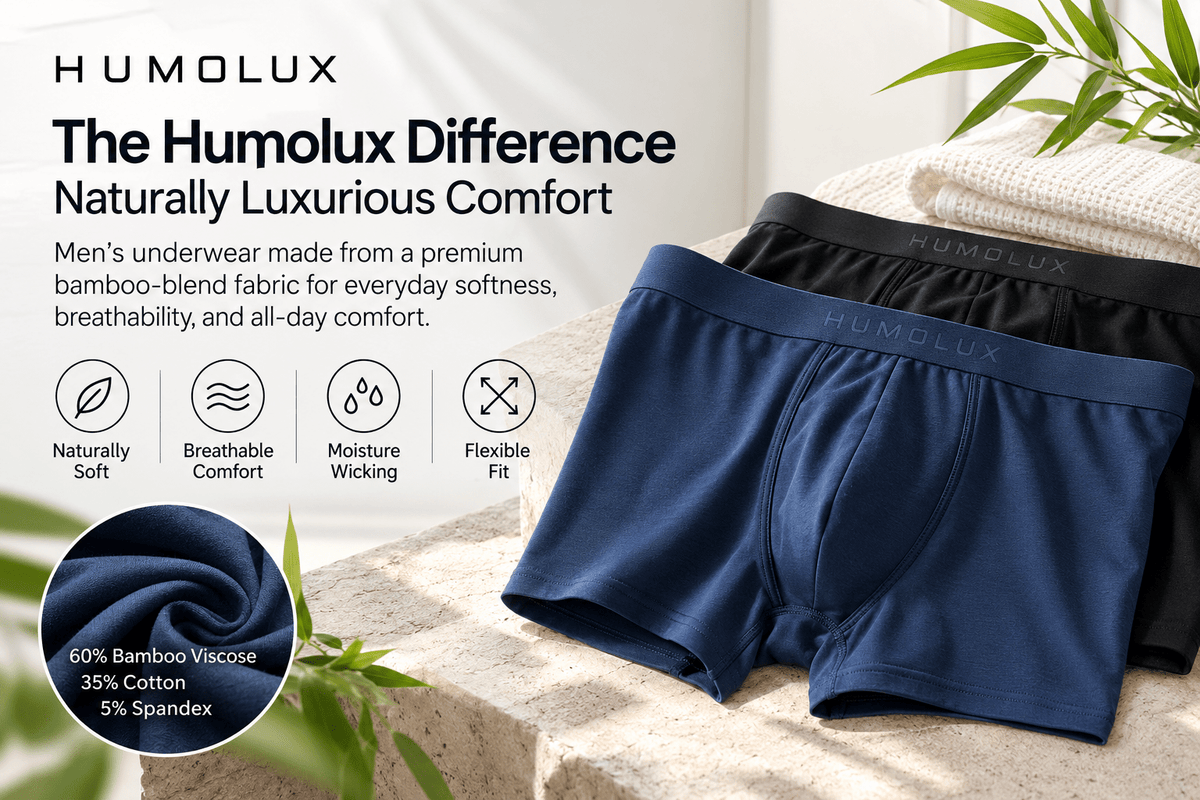 Humolux men's navy blue bamboo-blend underwear displayed with soft fabric, highlighting breathable comfort, natural softness and everyday style.
