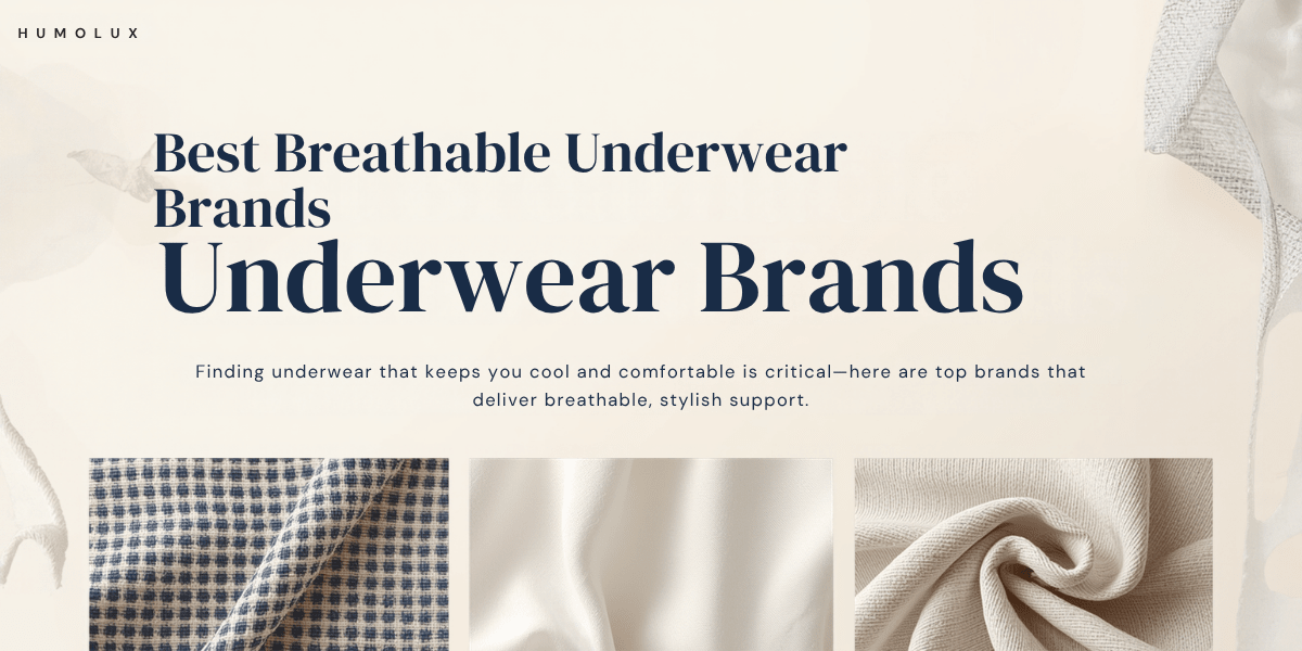 Humolux blog banner about the best breathable underwear brands, featuring fabric textures and soft materials for men's underwear.