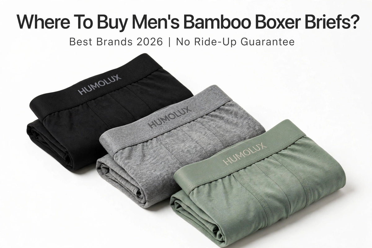 Three pairs of Humolux men's bamboo-blend boxer briefs in black, gray and olive green, designed for breathable everyday comfort