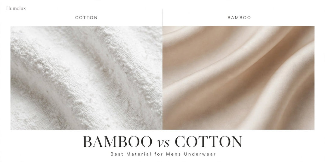 Close-up comparison of bamboo and cotton fabric textures for Humolux men's underwear, highlighting softness and everyday comfort.