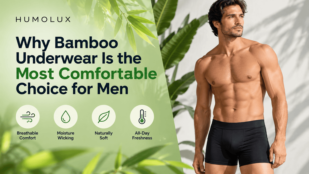 Male model wearing black Humolux boxer briefs in a bamboo underwear lifestyle banner highlighting breathable comfort and softness.