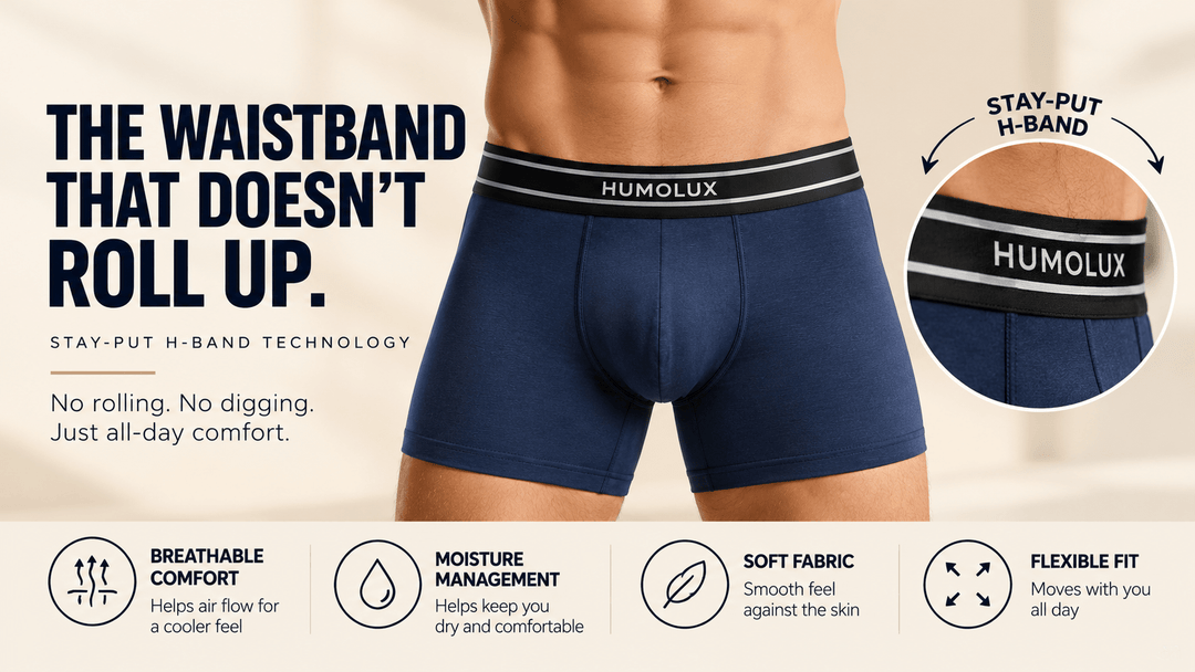 Humolux men's navy bamboo-blend boxer briefs with a stay-flat waistband designed to reduce rolling and provide all-day comfort