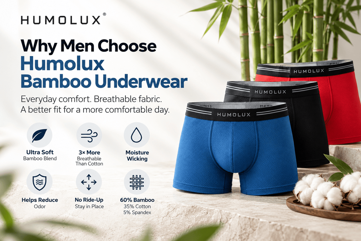 Humolux men's blue and black bamboo-blend boxer briefs displayed with breathable fabric and everyday comfort features