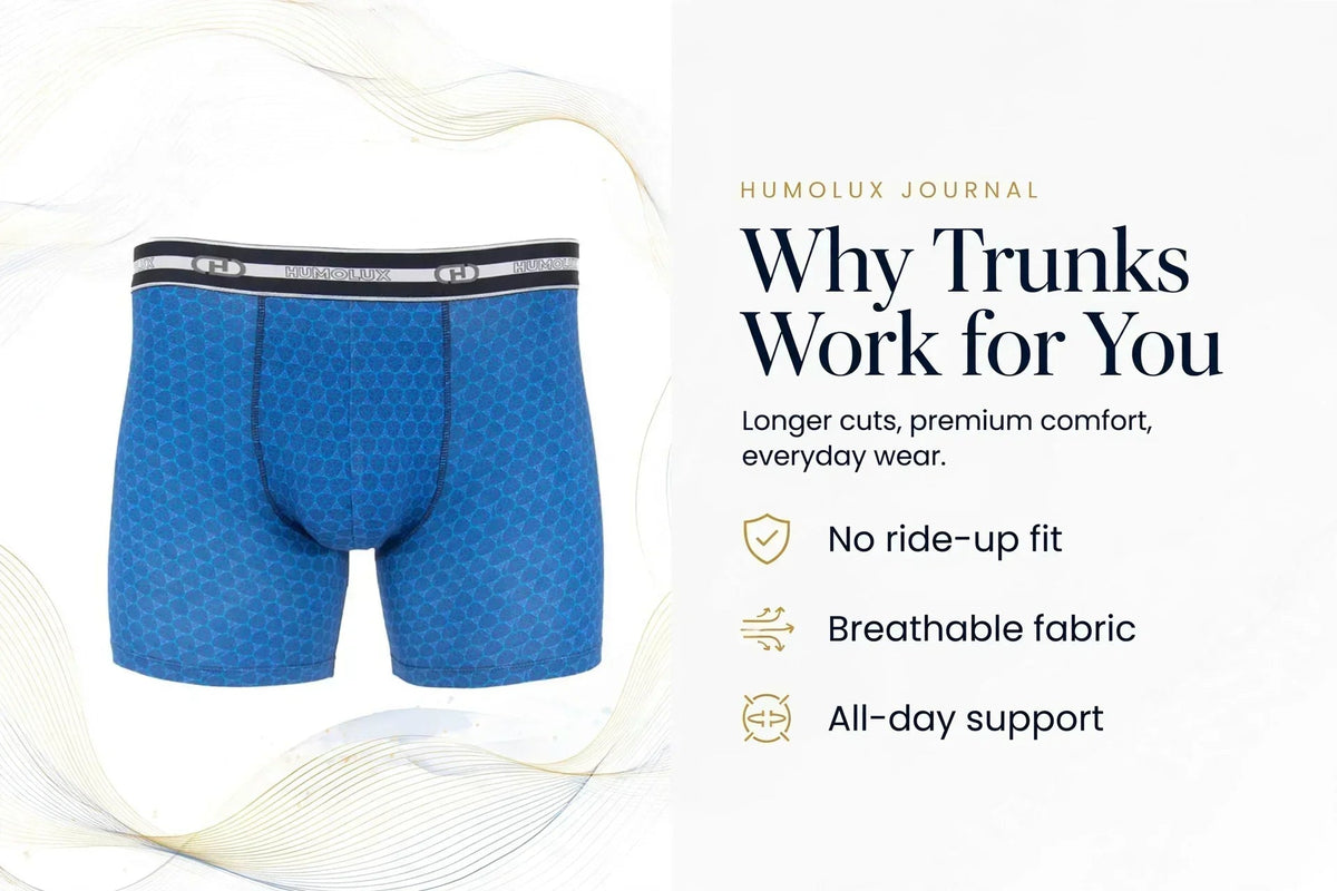 Blue Humolux men's bamboo-blend trunks with breathable fabric, no ride-up fit and all-day comfort features