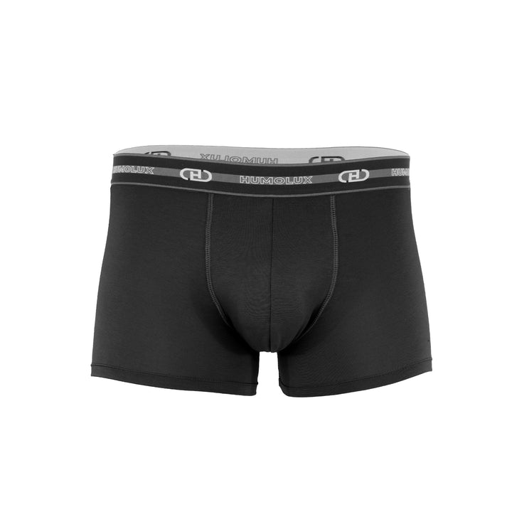 Model wearing Black Bamboo Trunks for Men 5 Inch - No Ride-Up Boxer Briefs - Humolux Underwear